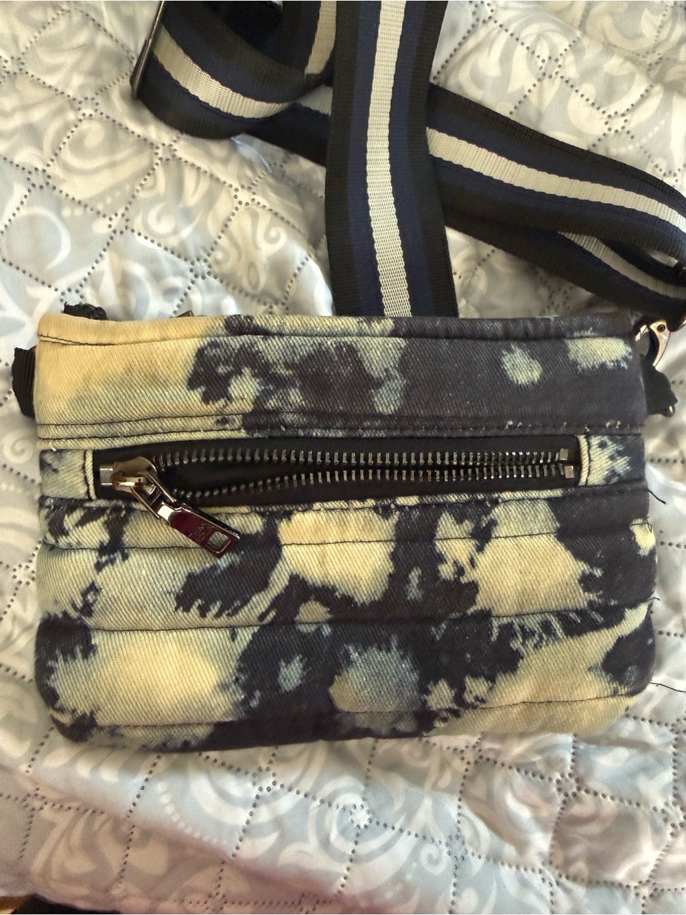 THINK ROYLN beige and Blue denim Tie-Dye Crossbody/Belt Bag with Striped Strap